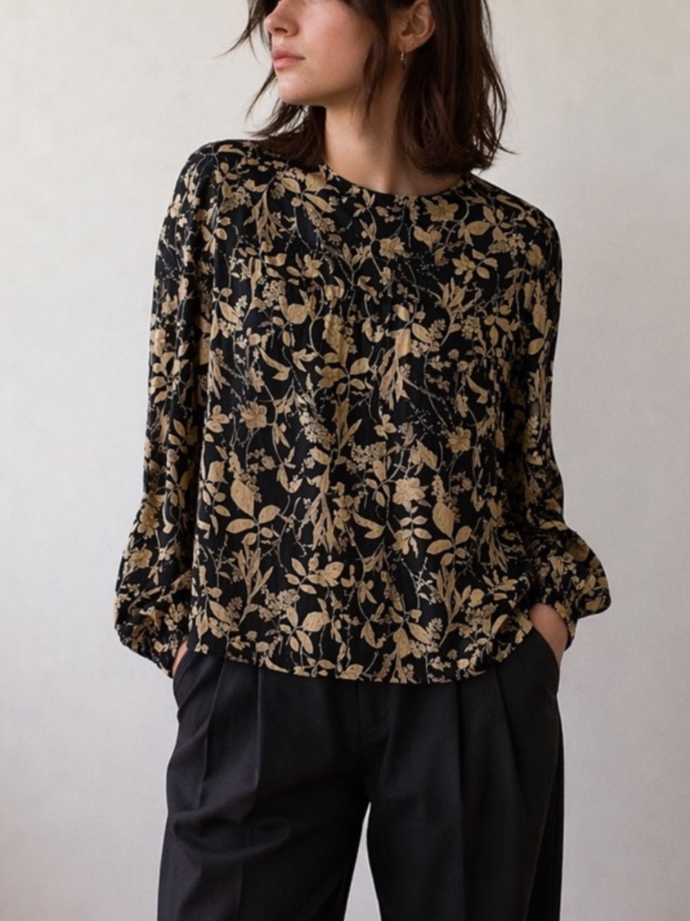 Natalie Busby Black Floral Cotton Poplin Top Blouse‎ XS Boho Prairie Cottagecore